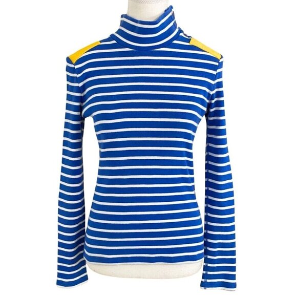 JC DE CASTELBAJAC LONG SLEEVE BLUE WHITE STRIPED TOP WITH YELLOW PATCH - XS - Picture 1 of 11